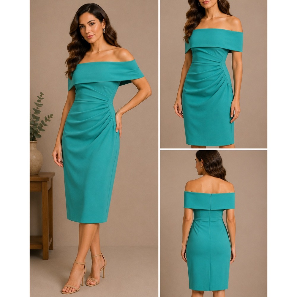 Vince Camuto Sheath Dress Womens 10 Teal NEW Off Shoulder Ruched